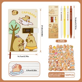 Graplan Capybara Diary with Combination Lock, 22 x 15 cm, PU Leather Notebook with Pen Holder, Journal Including 4 Pens and 1 Pack of Stickers, Cartoon Design for Children, Students and Gift