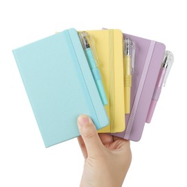 ZUIMER 3Pack Pocket Notebook Small Notebook Journal Notebook 4 inches x 5.7 inches 200 Pages Leather Cover With Pen Holder Page Marker Ribbons (Purple-Yellow-Blue)