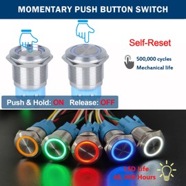 DMWD 1Pc 22mm Momentary Push Button Switch 12V 24V DC White LED Stainless Steel Shell with Pigtail
