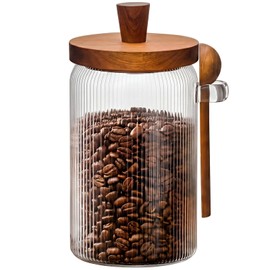 31oz Airtight Coffee Canister with Scoop, Glass Coffee Container for Bean Storage, Clear Coffee Bean Holder Jar with Acacia Wood Lid ans Spoon, Coffee Storage Container Kitchen Canister for Countertop