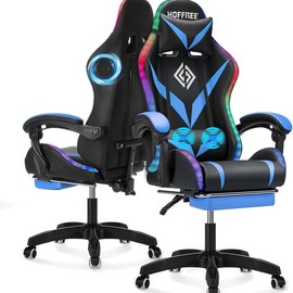 christmas gifts Gaming Chair with Bluetooth Speakers and RGB LED Lights Ergonomic Massage Computer Gaming Chair with Footrest Video Game Chair High Back with Lumbar Support Blue and Black - Color: Blue+black