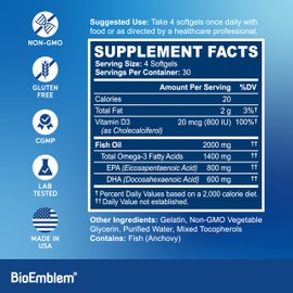 BioEmblem BioEmblem Omega-3 Fish Oil 2000mg - Small Size Softgels, High Absorption Form, Sustainable - 1400mg EPA &DHA Plus Vitamin D3, Non-GMO, Heart, Joint, & Brain Health Fish Oil Supplement, 240 Ct