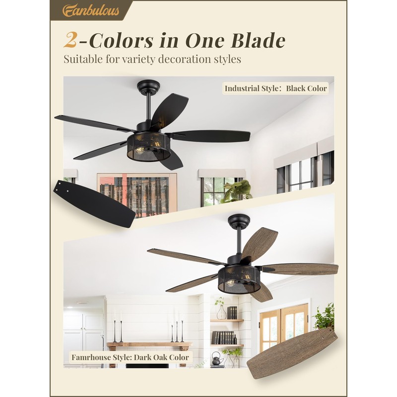 52 Inch Farmhouse Ceiling Fan with Light and Remote, Black