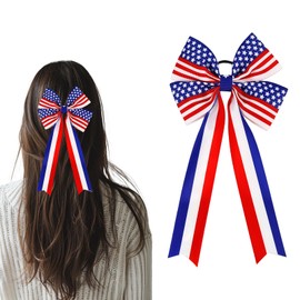 4th of July Hair Ties Red White and Blue Ponytail Holders for Women American USA Flag Bow Star Stripes with Elastic Band Independence Day Hair Accessories Patriotic Cheer Hair Ribbon Elastic 1Pcs