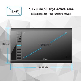 Graphics Drawing Tablet, UGEE M708 10 x 6 inch Large Drawing Tablet with 8 Hot Keys, Passive Stylus of 8192 Levels Pressure, UGEE M708 Graphics Tablet for Paint, Design, Art Creation Sketch Black