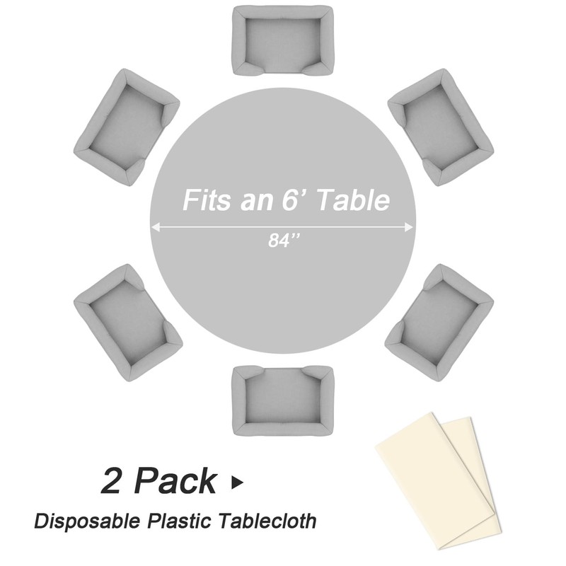 QIKSION Ivory Round Tablecloth 2 Pack, 84 Inch Plastic Table