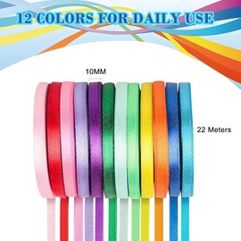 12 Colours Gift Ribbon, 22 m x 10 mm Polyester Ribbon, Satin Ribbon, Decorative Ribbon, Fabric Ribbon Set for Wedding Decoration, Gift Packaging, DIY Crafts