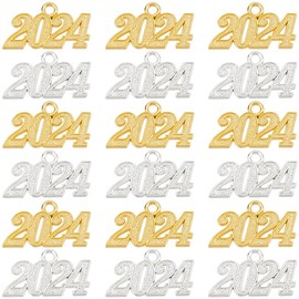 SUNNYCLUE 1 Box 40Pcs 2024 Charms Bulk Large Golden Silver New Year Number 2024 Letter Charm Graduation Cap Tassels 2024 Grad Caps Decoration Christmas Tree Hanging Ornament for Jewelry Making Charms