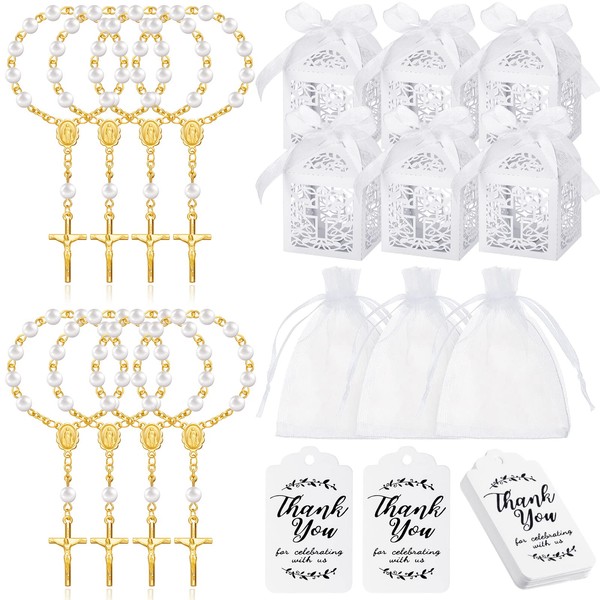200 Pcs Baptism Favors Set, 50 Pieces Mini Rosary 50 Pieces Baptism Party Gift Wrap Boxes 50 Pieces Organza Bags with Drawstring 50 Pieces Thank Tags for Baby's Christening Communion Kitchen(Gold)