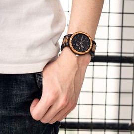 BEWELL Men's Wood Watch Quartz Zebrawood and Ebony Wooden Watches with All Wood Strap