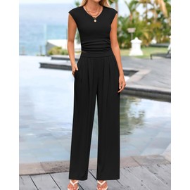 BTFBM Womens 2 Piece Outfits Summer 2025 V Neck Cap Sleeve Ruched Top Wide Leg Pants Sets Rib Knit Lounge Matching Set(Black, Medium)