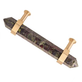Amogeeli 2pcs Faceted Pointed Dragon Bloodstone Drawer Pulls Handle with Screws, Brushed Brass Decorative Stone Cabinet Knobs Set for Closet Cupboard Locker