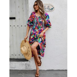 PRETTYGARDEN Women's Summer Midi Dress 2025 Trendy Fashion Puff Sleeve Square Neck A-line Swing Wedding Guest Floral Dresses (Blue Multicolored Flower,S)