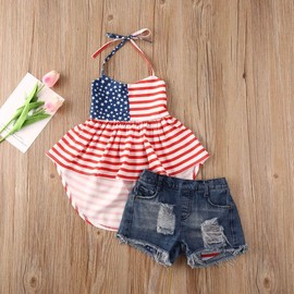 BOEBNOZCV Toddler Girls 4th of July Outfits Set Sleeveless Tassels Vest Tops+ Ripped Denim Shorts Kids Summer Clothes (Striped Flag,11-12 Years)