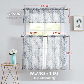 FMFUNCTEX White Valance Curtains for Windows Print Tree Branch Semi-Sheer Valance Grey/Blue,1 Panel, 50” Width x 15" Length