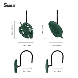 Tropical Leaf Decorative Shower Curtain Hooks, Green Botanical Shower Curtain Rings with Black Hooks, Resin, Monstera Deliciosa Strelitzia Reginae Leaves Shower Curtain Hangers for Bathroom, Set of 12
