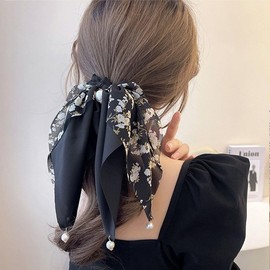 fdsmall Satin Pearl Bowknot Elastic Hair Ties, Simple Style Geometric Print Scrunchies Ponytail Holders, Soft Elegant Bow Hair Ribbon Hair Accessories (01)