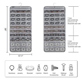ANZORG 80 Zippered Pockets Hanging Jewelry Organizer for Holding Jewelries Dual-Sided Accessory Display Holder for Earrings Bracelets Rings (80 Zippered Pockets-Grey)