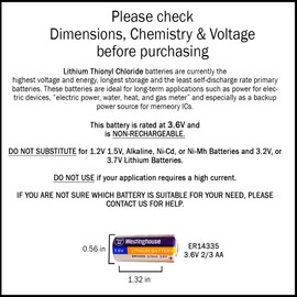 Westinghouse 2/3AA ER14335 | 3.6V 1700mAh LiSOCL2 Lithium Thionyl Primary Battery (4 Count)