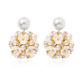 Shell Flower Pearl Earrings Ball Pearl Double Sided Stud Front Back Earrings for Women 14k Gold Plated inlaid Created zircon (C-Golden)