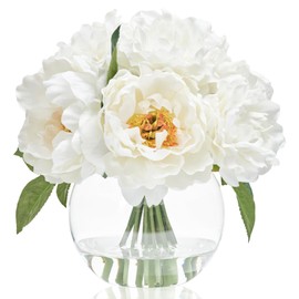 WELL KNOWN Artificial Flowers in Vase, Peonies Artificial Flowers for vase with Faux Water for Coffee Table Decor, Silk Fake Flower Arrangements Peonies Table Centerpieces (White)