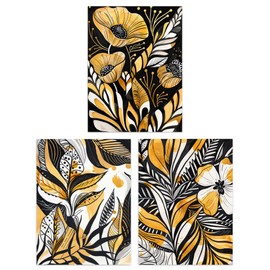Artery8 Set of 3 Elegant Gold Black Floral Botanical Living Room A4 Size Wall Art Prints Pack