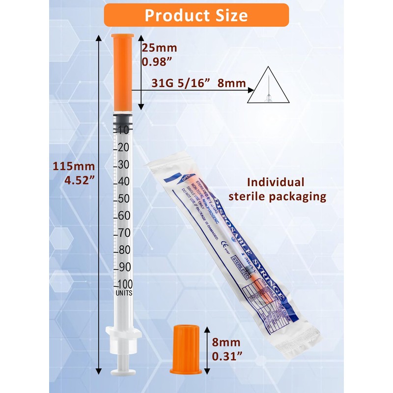 100 Pack 1ml Disposable Syringe, 31G 1cc 5/16 Inch (8mm)