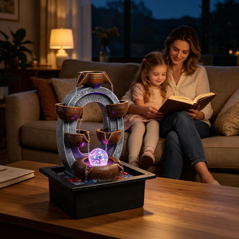 Desktop Water Fountain Indoor:6 Tier Cascading Waterfall with Spinning Orb