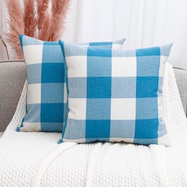CARRIE HOME Light Blue and White Buffalo Plaid Summer Outdoor Pillow Covers 18x18 Set of 2, Light Blue Checkered Decorative Couch Pillows, Lake Blue Front Back Porch Decor Throw Pillows (No Inserts)