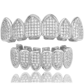 Hip-Hop Tooth Grillz Set, Gold Plated Gold Finish 8 Top Teeth 8 Bottom Tooth Hip Hop Mouth Grills Removable Top and Bottom Grills for Men Women - Vampire Teeth Dental Grill for Rappers, Performers (Silver set)