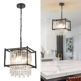 Quxezz Black Crystal Chandeliers for Dining Room Light Fixture 4 Lights Square Crystal Ceiling Light 11.8" Modern Farmhouse Crystal Pendant Lighting for Kitchen Island Living Room Bedroom Foyer