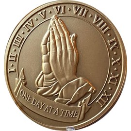 Large Praying Hands 12 Step One Day at A Time Medallion 1.5" Size Bronze Sobriety Chip AA NA