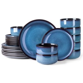 LERATIO Ceramic Dinnerware Sets for 8,Stoneware Plates and Bowls Sets,Reactive Glaze Dishes Set,Highly Chip and Crack Resistant | Dishwasher & Microwave & Oven Safe Dishes set,Service for 8-Blue(24pc)