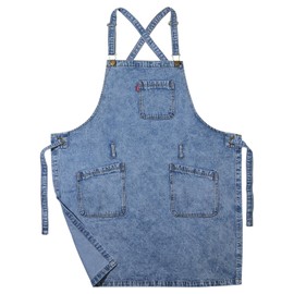 VANTOO Denim Chef Apron for Women with Pockets, Blue Jean Waitress Server Kitchen Apron for Men Women Cooking Gardening Painting Hairstylist (58-Blue)