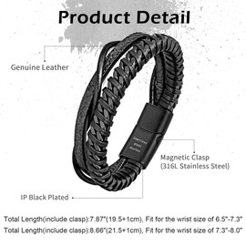 murtoo Mens Bracelet, Premium Leather Bracelet for Men in Silver and Black Chain, Stainless Steel Bracelet with Detachable Clasp, Gift Idea for Husband Boyfriend Father