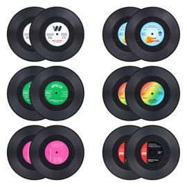 BEEK 5XVD Pack of 12 Retro Vinyl CD Record Coasters Cup Placemats Non-Slip Insulated Coffee Drink Mat, Acrylic