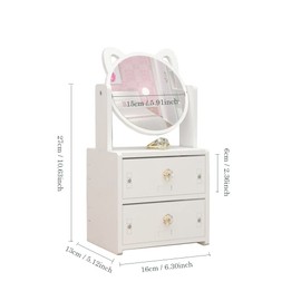 Alunsito Makeup Organizer Drawer, Cat Ear Makeup Mirror with Cabinet Drawer, Cosmetics Storage Box, Dormitory Desktop Dresser, Skin Care Lipstick Shelf Box Drawer, Jewelry Organizer