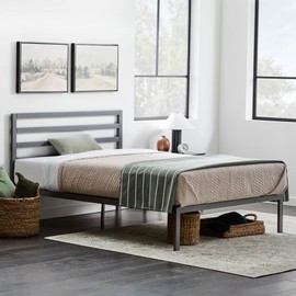 Edenbrook Cassidy Metal Platform Bed Frame with Metal Headboard - Box Spring Not Required - Wood Slat Support, Grey, Full