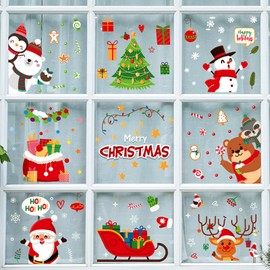 Christmas Window Clings, 9 Sheets 120pcs Christmas Stickers DIY Removable PVC Xmas Window Decorations Xmas Santa Reindeer Snowman Snowflake Window Decor for Winter Decorations Xmas Party Ornaments