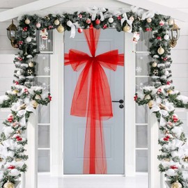 10m x 48cm Tulle Ribbon Organza Fabric for DIY Craft Door Bow Table Runner Chair Bows Christmas Door Christmas Tree Crafting Supplies Wedding Xmas Party Decoration (Red)