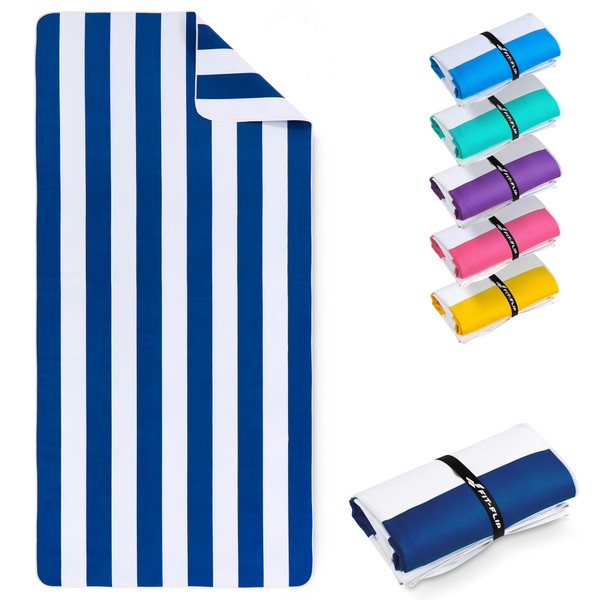 Fit-Flip XXL Beach Towel - Microfibre Bath Towel Large Microfibre Towels Lightweight and Quick Drying 100% Recycled Microfibre Towel - Navy Blue White Striped 200 x 90 cm