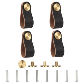 Lollanda Pack of 4 Leather Handles for Furniture, Cabinet Knobs with Screws, 13 x 2.5 cm Door Handle for Kitchen, Bathroom, Cabinets, Dresser, Wood, Wardrobe (Black, 4)