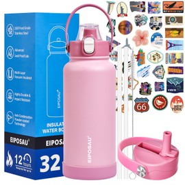 Insulated Water Bottle with Lid & Boot & Stickers, 32 oz Stainless Steel Sweat Free Bottle Keep Cold 24H, BPA-Free Sports Wide Mouth Water Bottle, Pink