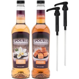 Upouria French Vanilla & Caramel Flavored Syrup, 100% Vegan and Gluten-Free, 750ml bottles - Set of 2 - Pumps included