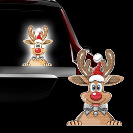Leniutor Reflective Christmas Peeking Sticker, Santa Claus Reindeer Snowman Window Decals for Car Window Bumper Christmas Decorations (Reflective Reindeer-1, 1)