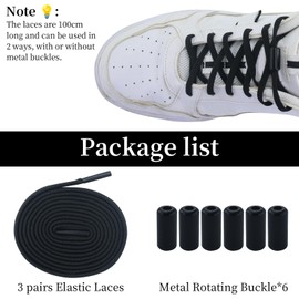 EASYKEENECOM 3 Pairs of Elastic Shoelaces Black with Quick Release - Quick Lacing System for Unique Comfort and Strong Hold - with Metal Capsules without Tying, black