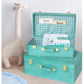 HofferRuffer Velvet Storage Trunks with Wood Frame, Set of 2 Storage Chests with Handles, Bedroom Organizer Nesting Upholstered Decorative Boxes Hinged Lid with Gold Hardware Accents (Green Trunks)