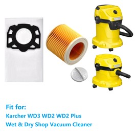 Dust Bag Filter Accessories Kit for Karcher WD3 WD2 WD2 Plus 4.5 Gallon Wet & Dry Shop Vacuum Cleaner Replacement Parts (6 Filter Fleece Bags + 2 Cartridge Filters)