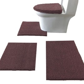 Madeals Chenille Bath Rug Set 4 Piece with Toilet Lid Cover and Rug Set Combo, Soft Shaggy Bath Rug Set 3 Piece and U-Shaped Toilet Floor Rug Coffee