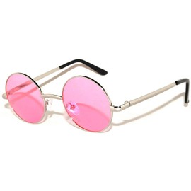 Round Retro Vintage Circle Style Sunglasses Pink Lens Silver Metal Frame